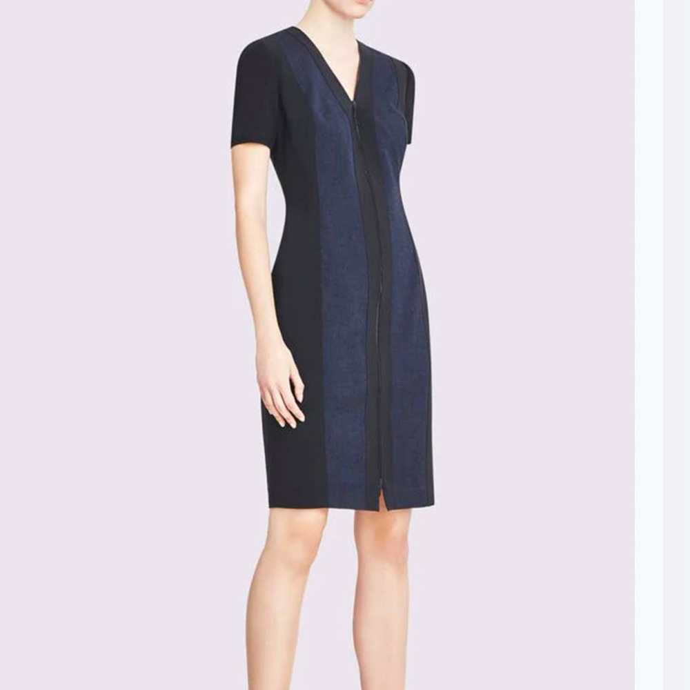 Elie Tahari Blue and Black Sheath Dress V-Neck Short Sleeve
